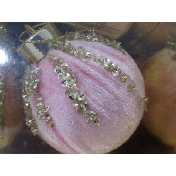 Pink Velvet Christmas Ornaments Gold Sequin Accents In Original Box EUC - Picture 3 of 10